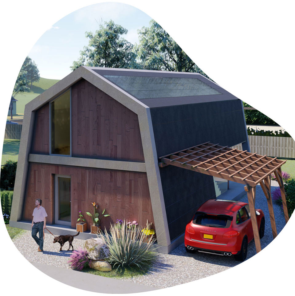 An ecokit home visualisation illustraing modern/looking barn house that is sustainable and energy efficient